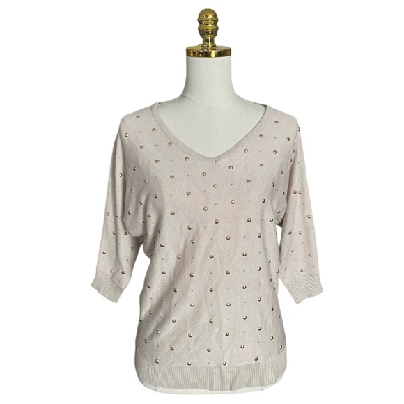 CATHERINE MALANDRINO | Women’s Cream Studded V-Neck Pullover Sweater Size L - Picture 1 of 8